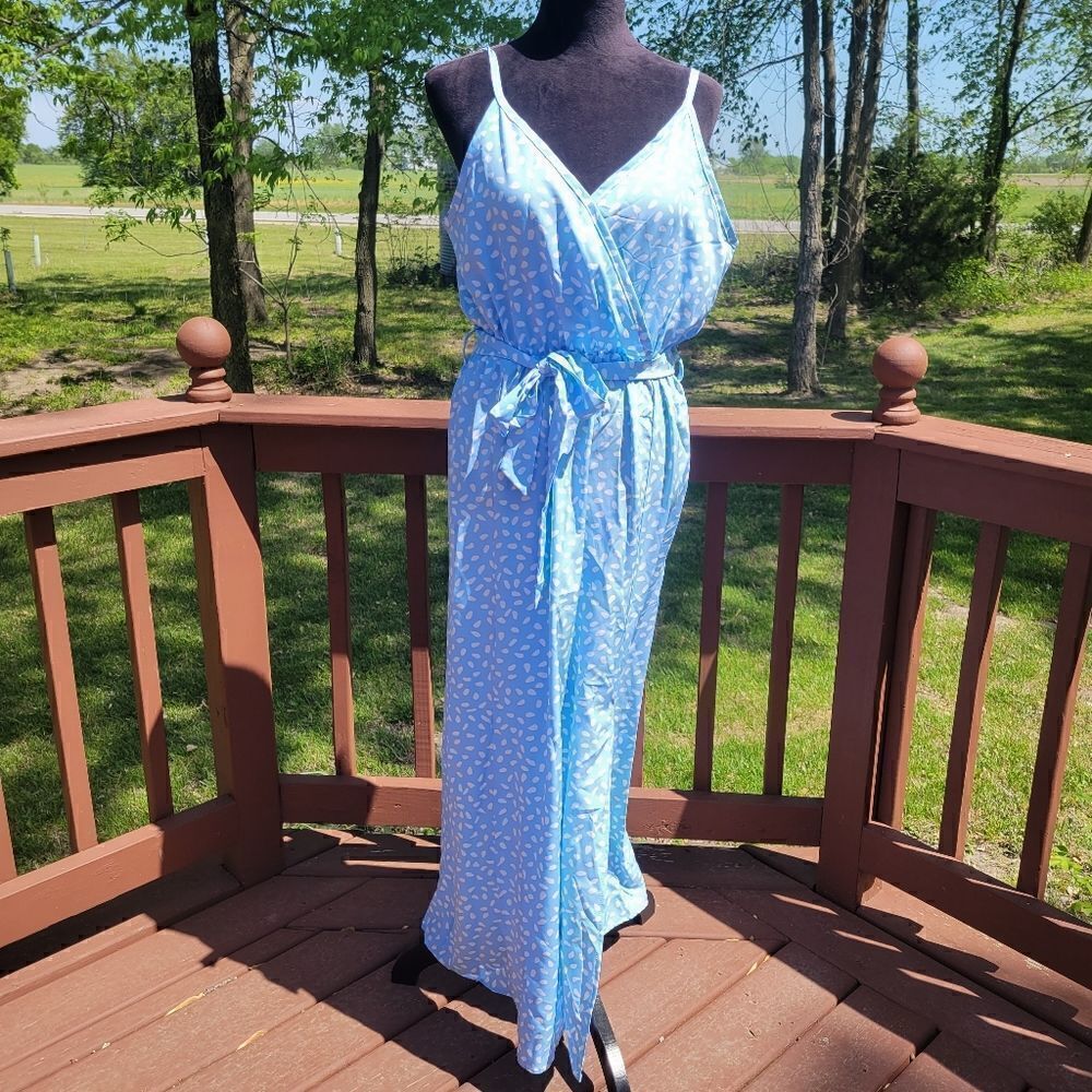 Women's Blue & White Print Sleeveless Tie Waist Faux Wrap Midi Dress Size XL